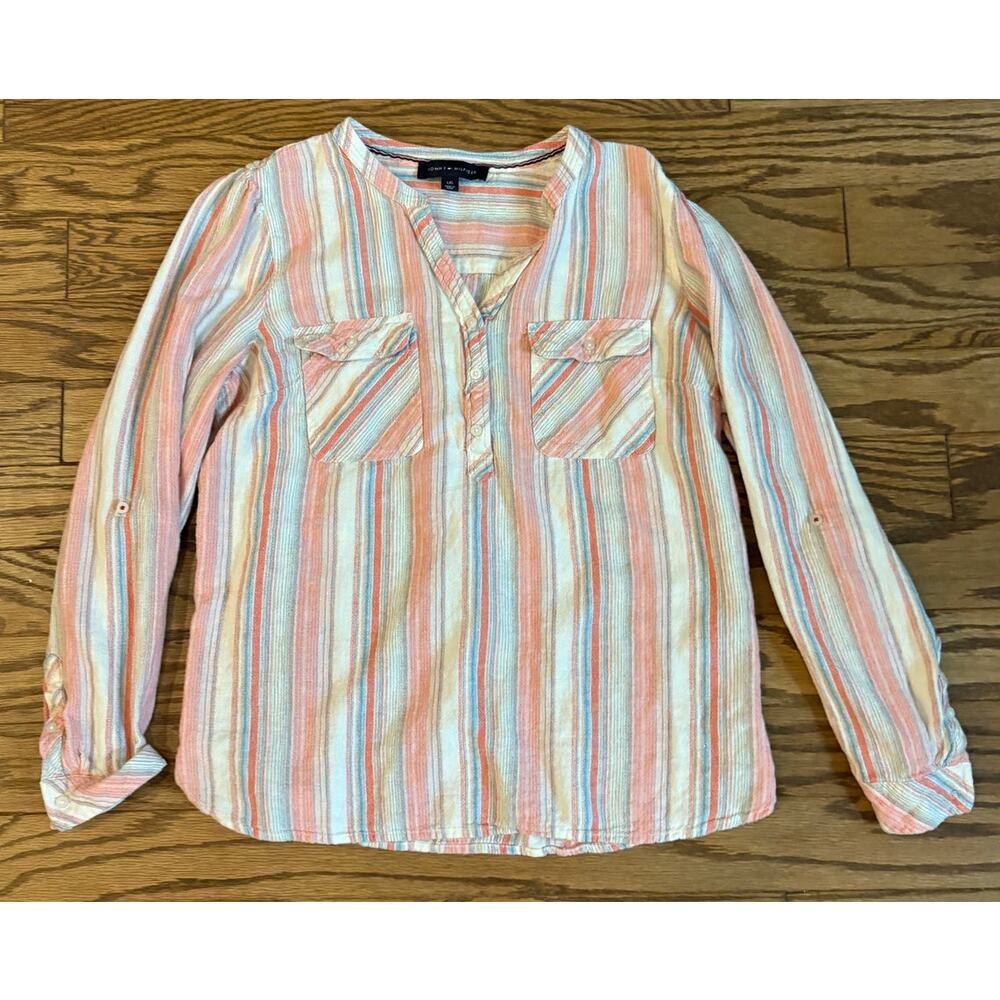 Tommy Hilfiger Linen Striped Pink Button Down Women's Shirt Large Long Sleeve